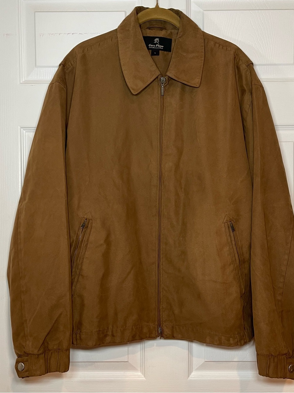 Vintage Gary Player Men's Large Faux Suede Bomber Jacket Brown Full Zip